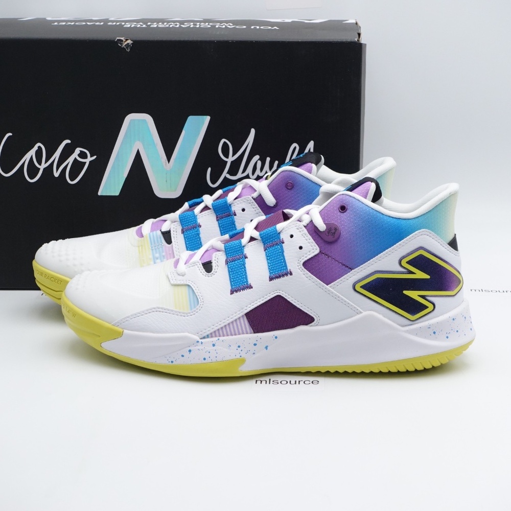 New Balance Men's White Gradient Blue Purple Sneakers with Yellow Accents
